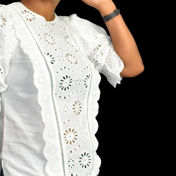 Veronica Beard Gale Blouse White Floral Eyelet Cotton Top Lattice Scallop Size 2 - Picture 4 of 16